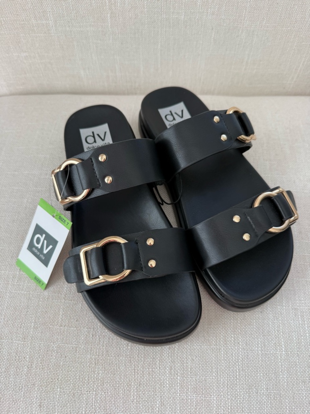 DV by Dolce Vita Black Slide Sandals with Gold Buckles